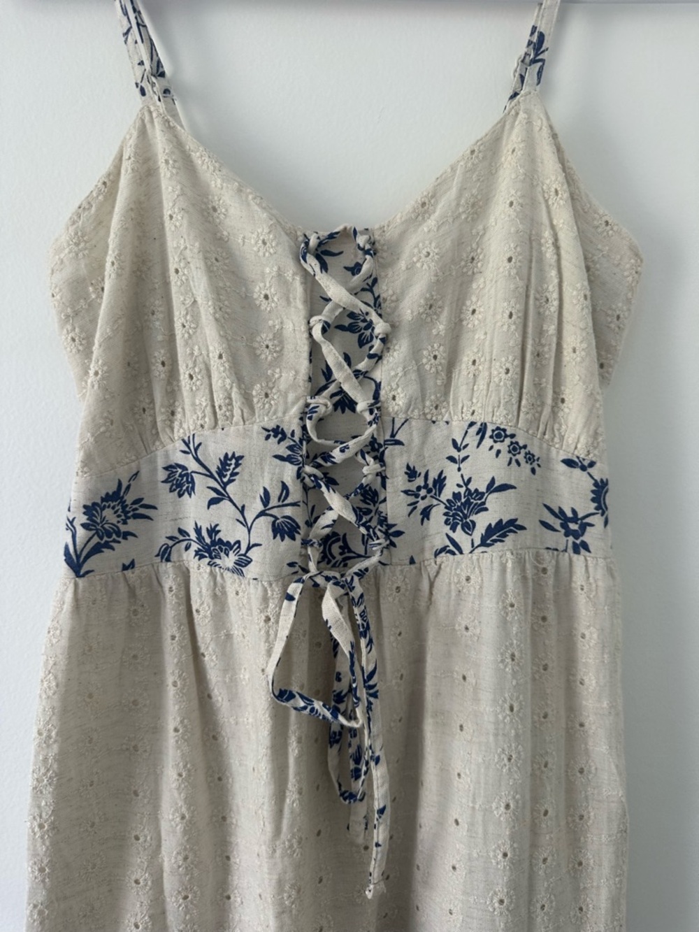 Cream Maxi Dress with Blue Floral Trim and Tie Front - Picture 4 of 4